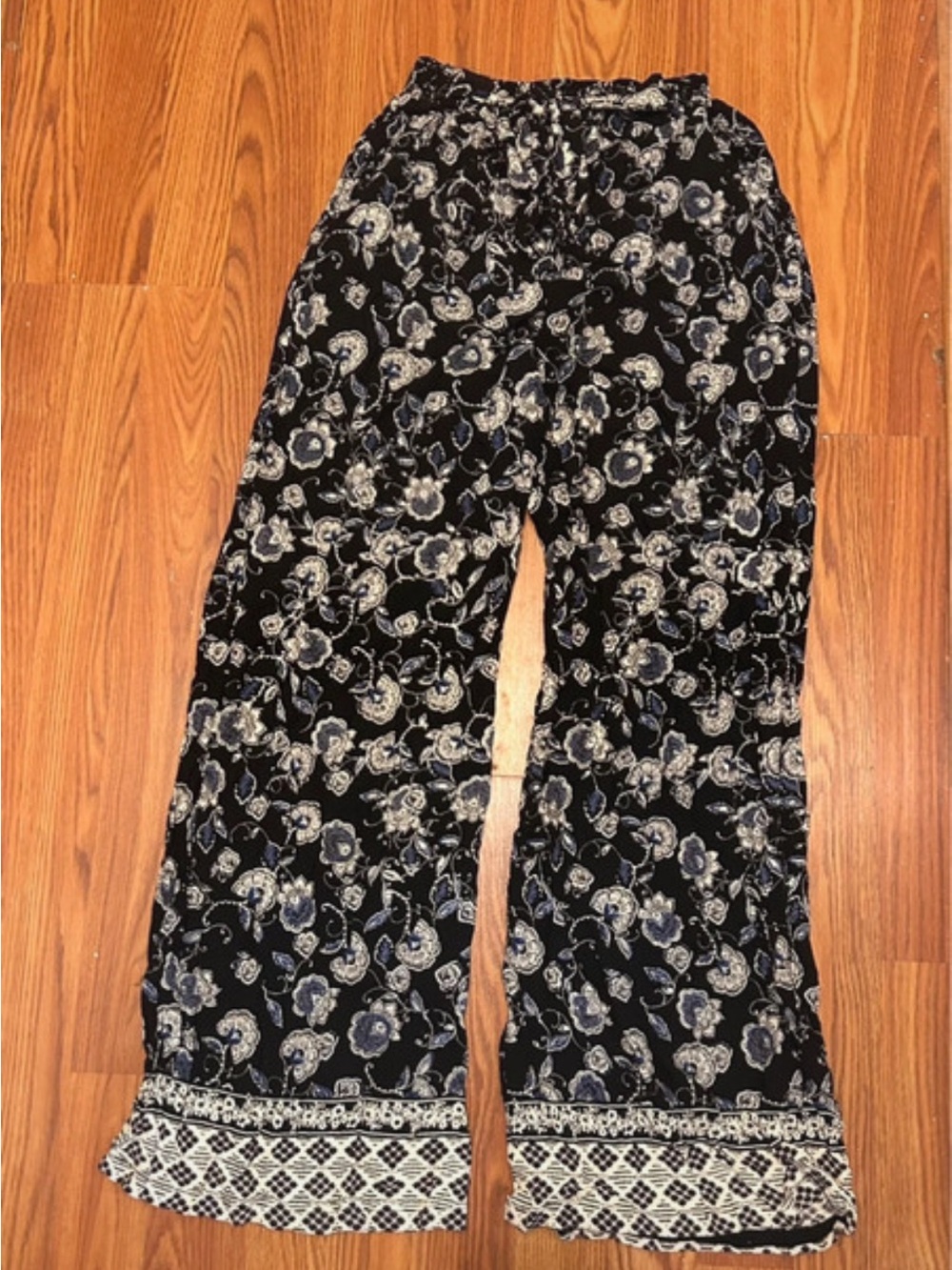 Blue Rain Black Floral Boho Wide Leg Pants Palazzo